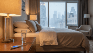 Essentials for treating norovirus in an NYC apartment including water and thermometer.