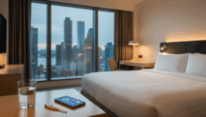 Essentials for a sick traveler in an NYC hotel room including thermometer and phone