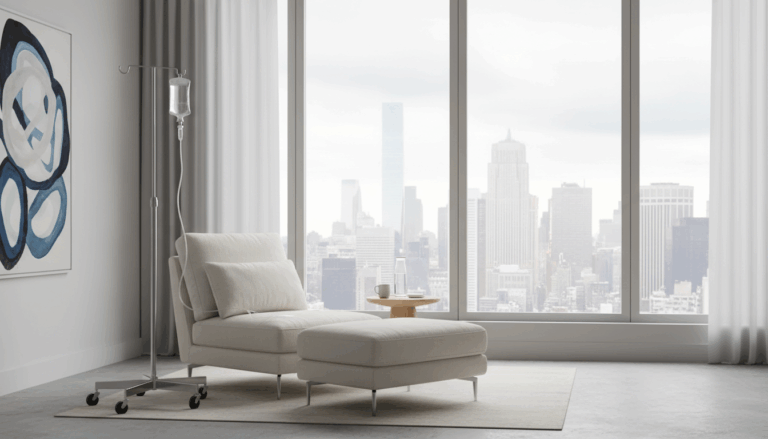 Mobile IV therapy setup in a modern NYC apartment with winter skyline view.