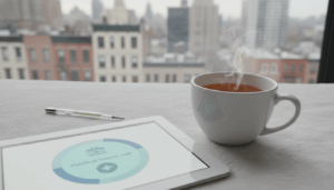 Essentials for managing a sore throat at home in NYC including tea and medical app.