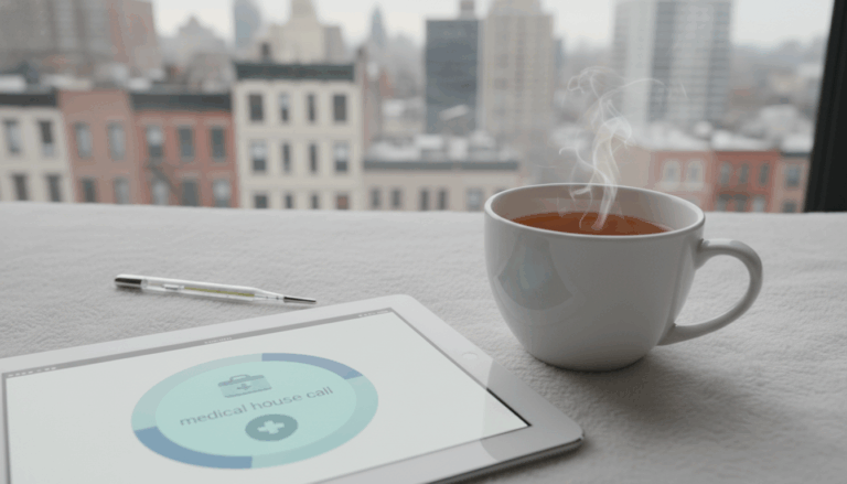 Essentials for managing a sore throat at home in NYC including tea and medical app.