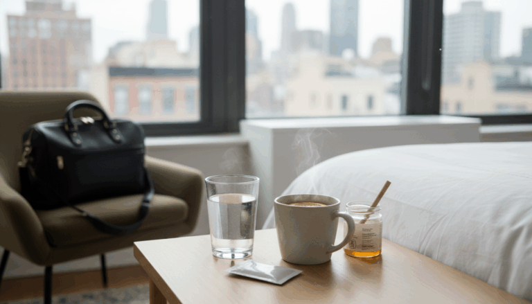 A bedside table with water and electrolytes for food poisoning recovery.