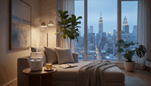 Humidifier and tea on a table for bronchitis treatment at home in NYC.