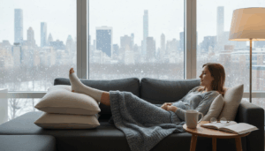 Person treating a ski sprain at home with leg elevated.