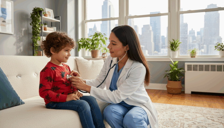 A licensed medical practitioner examining a child at home in NYC.