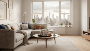 A cozy NYC apartment prepared for a sick family with tea and blankets