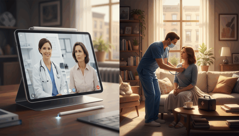Telemedicine tablet split screen with medical house call practitioner in NYC apartment