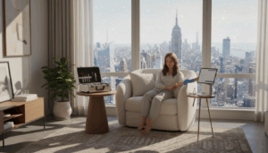 Mobile IV therapy setup in a New York City apartment overlooking the skyline.