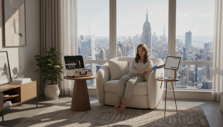 Mobile IV therapy setup in a New York City apartment overlooking the skyline.