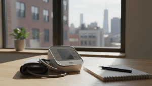 Digital blood pressure monitor on a table for at home checks