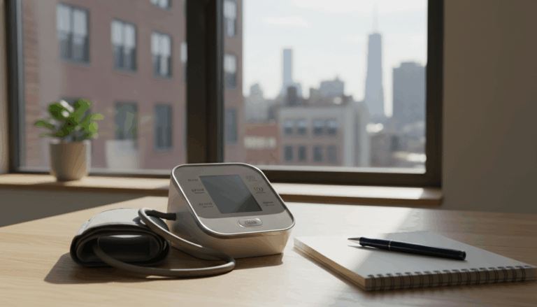 Digital blood pressure monitor on a table for at home checks