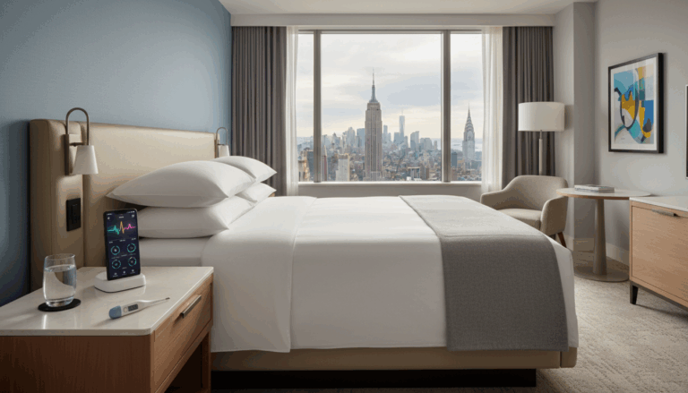 A comfortable NYC hotel room prepared for a sick traveler with medical supplies on the nightstand.