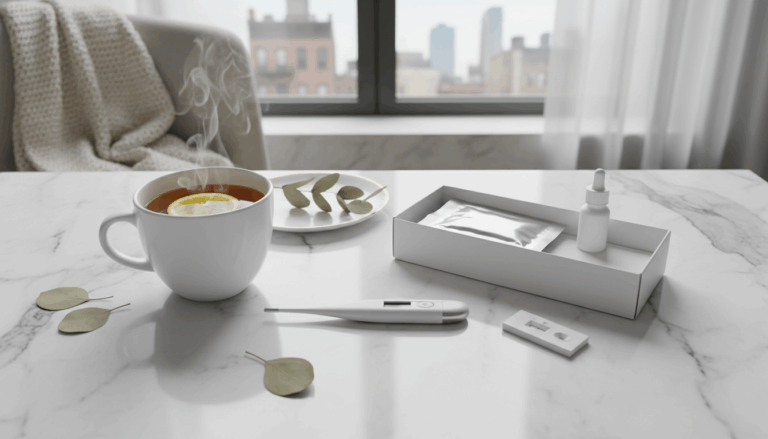 Rapid strep test kit and thermometer on a table in an NYC apartment