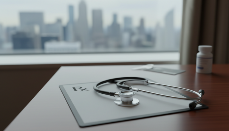Doctor writing an emergency prescription refill during a hotel house call in NYC
