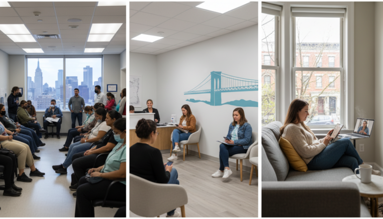 Comparison of crowded urgent care waiting room versus private medical house call in NYC apartment