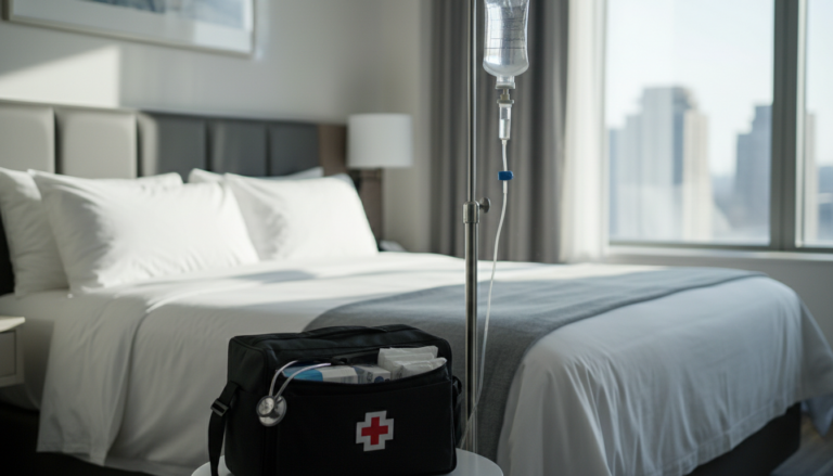 Medical house call setup inside a luxury NYC hotel room for food poisoning treatment