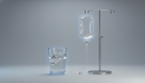 Hangover IV therapy bag with vitamins compared to glass of water