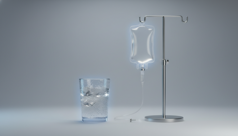 Hangover IV therapy bag with vitamins compared to glass of water