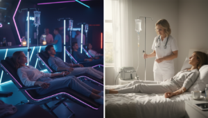 Professional medical IV administration in a private home setting compared to a public lounge