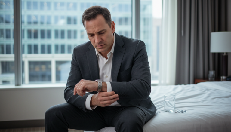 Business traveler receiving medical care in NYC hotel room near Javits Center