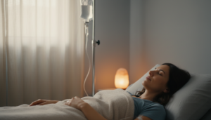 Patient receiving mobile migraine cocktail IV therapy in a dimly lit NYC apartment