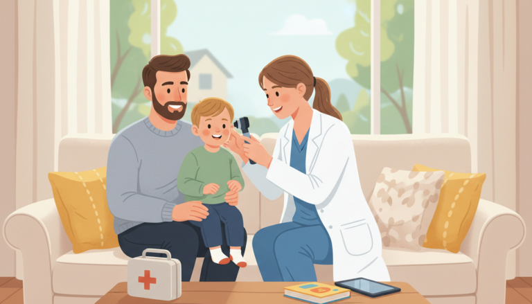 Licensed clinician examining a child for ear infection during a home visit in NYC