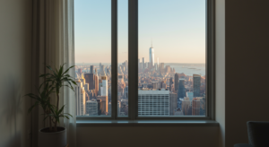 Indoor room with a large window showing the New York City skyline; a potted plant sits near the left curtain.