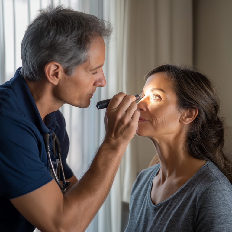 Male healthcare professional administers an injection to a woman's upper arm.