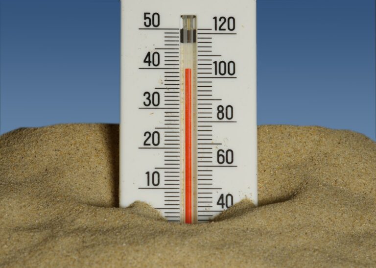 Thermometer embedded in sand under a clear blue sky, showing about 40°C (100°F).