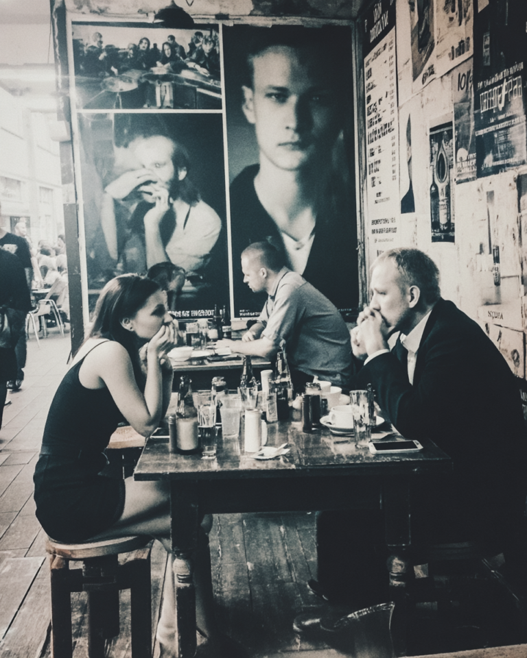Three people sit at a worn wooden table in a street-side cafe, talking over drinks with posters on the wall behind them.